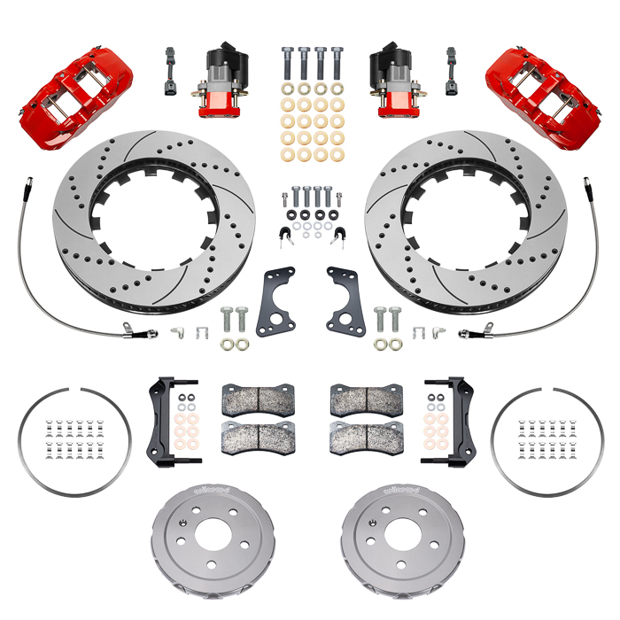 Wilwood AERO4 Big Brake Rear Dynamic Electronic Parking Brake Kit Parts Laid Out - Red Powder Coat Caliper - SRP Drilled & Slotted Rotor