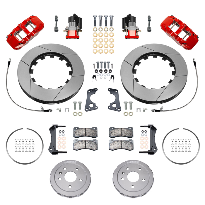 Wilwood AERO4 Big Brake Rear Dynamic Electronic Parking Brake Kit Parts Laid Out - Red Powder Coat Caliper - GT Slotted Rotor