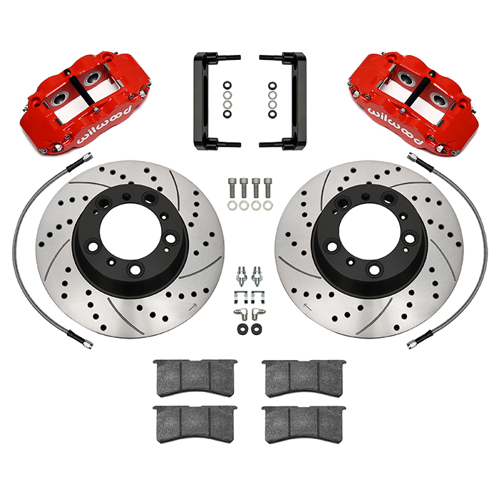 Wilwood Forged Narrow Superlite 4R Big Brake Rear Brake Kit For OE Parking Brake Parts Laid Out - Red Powder Coat Caliper - SRP Drilled & Slotted Rotor