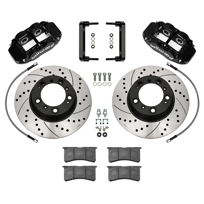 Wilwood Forged Narrow Superlite 4R Big Brake Rear Brake Kit For OE Parking Brake Parts Laid Out - Black Powder Coat Caliper - SRP Drilled & Slotted Rotor