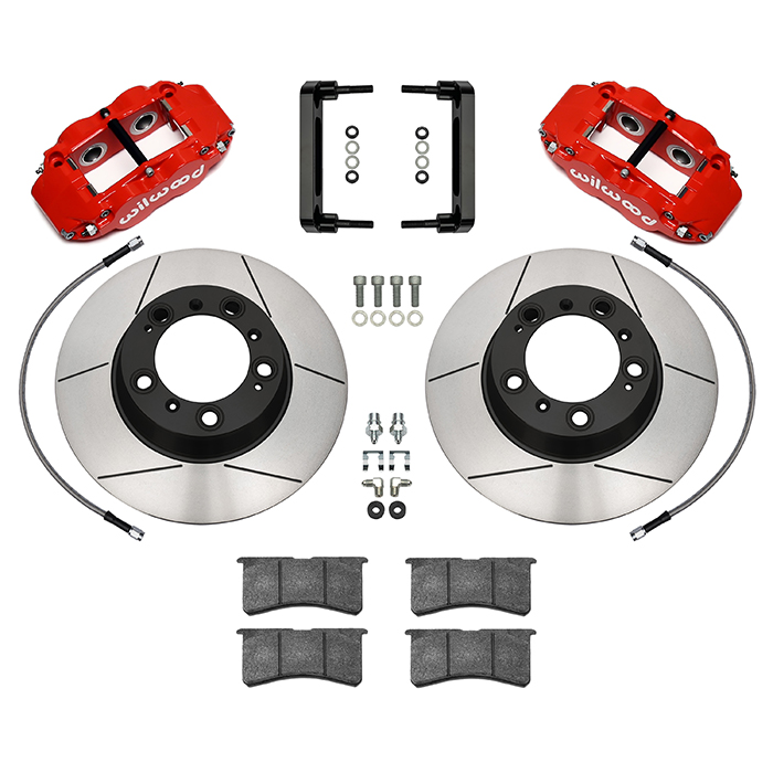 Wilwood Forged Narrow Superlite 4R Big Brake Rear Brake Kit For OE Parking Brake Parts Laid Out - Red Powder Coat Caliper - GT Slotted Rotor