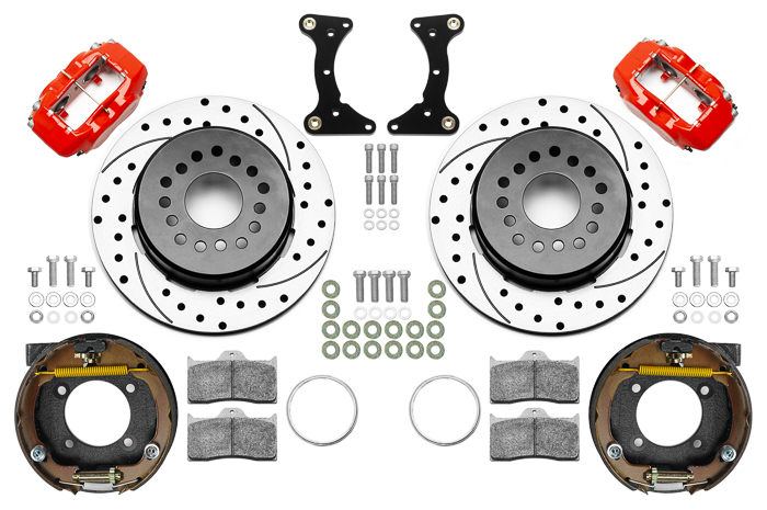 Wilwood Forged Dynalite Rear Parking Brake Kit Parts Laid Out - Red Powder Coat Caliper - SRP Drilled & Slotted Rotor