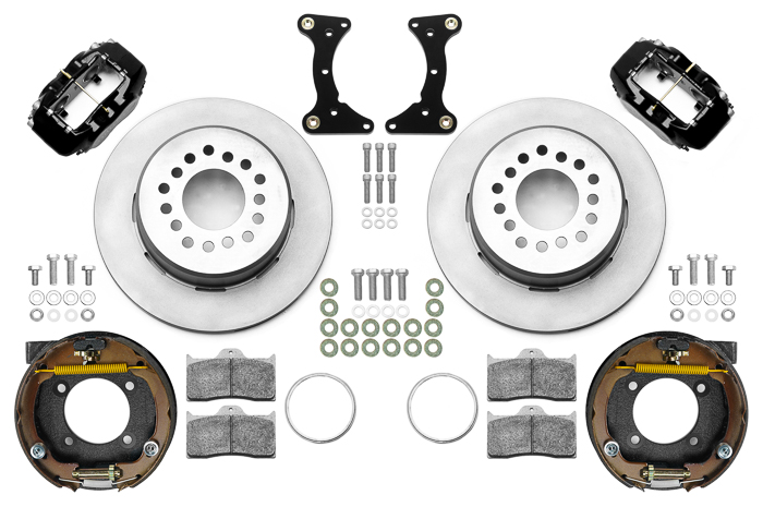 Wilwood Forged Dynalite Rear Parking Brake Kit Parts Laid Out - Black Powder Coat Caliper - Plain Face Rotor