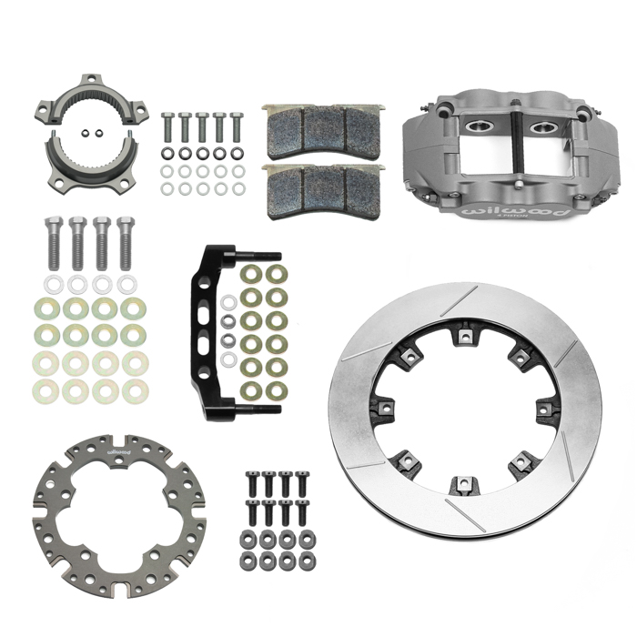 Wilwood Forged Superlite 4 Radial Sprint Inboard Rear Brake Kit Parts Laid Out - Type III Anodize Caliper - GT Slotted Rotor