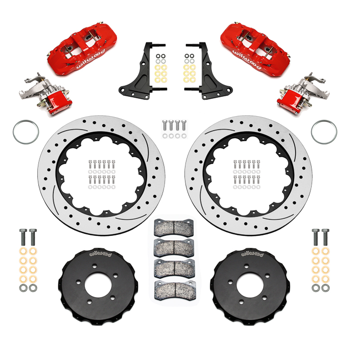 Wilwood AERO4-MC4 Big Brake Rear Parking Brake Kit Parts Laid Out - Red Powder Coat Caliper - SRP Drilled & Slotted Rotor