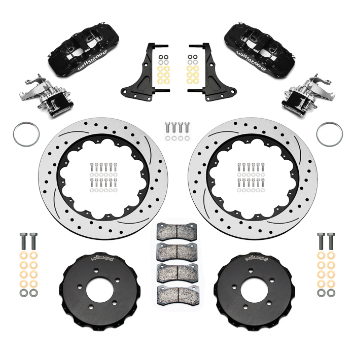 Wilwood AERO4-MC4 Big Brake Rear Parking Brake Kit Parts Laid Out - Black Powder Coat Caliper - SRP Drilled & Slotted Rotor