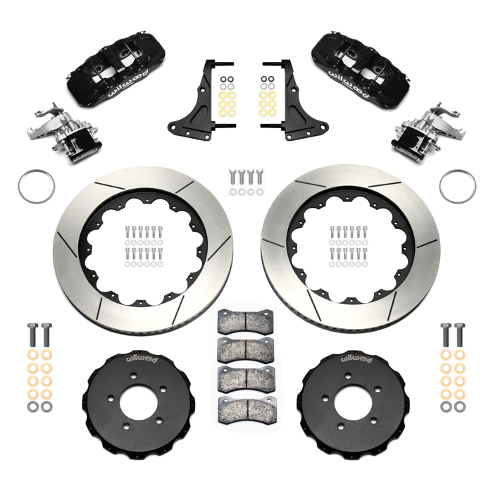 Wilwood AERO4-MC4 Big Brake Rear Parking Brake Kit Parts Laid Out - Black Powder Coat Caliper - GT Slotted Rotor