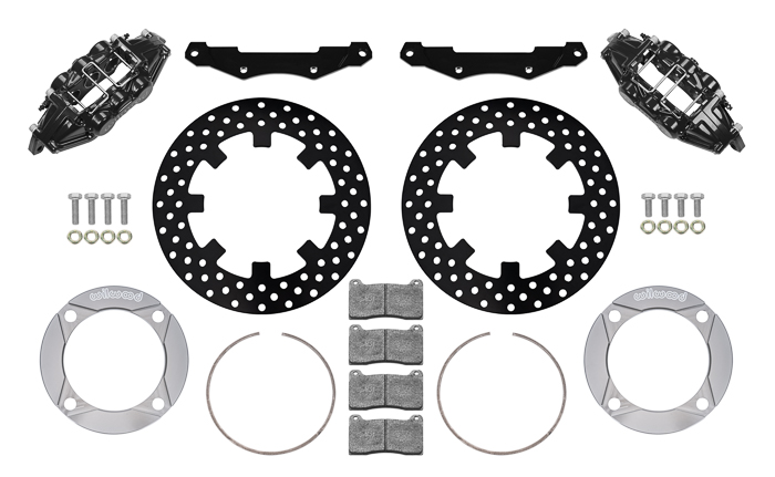 Wilwood UTV6 Rear Brake Kit Parts Laid Out - Black Powder Coat Caliper - Drilled Rotor