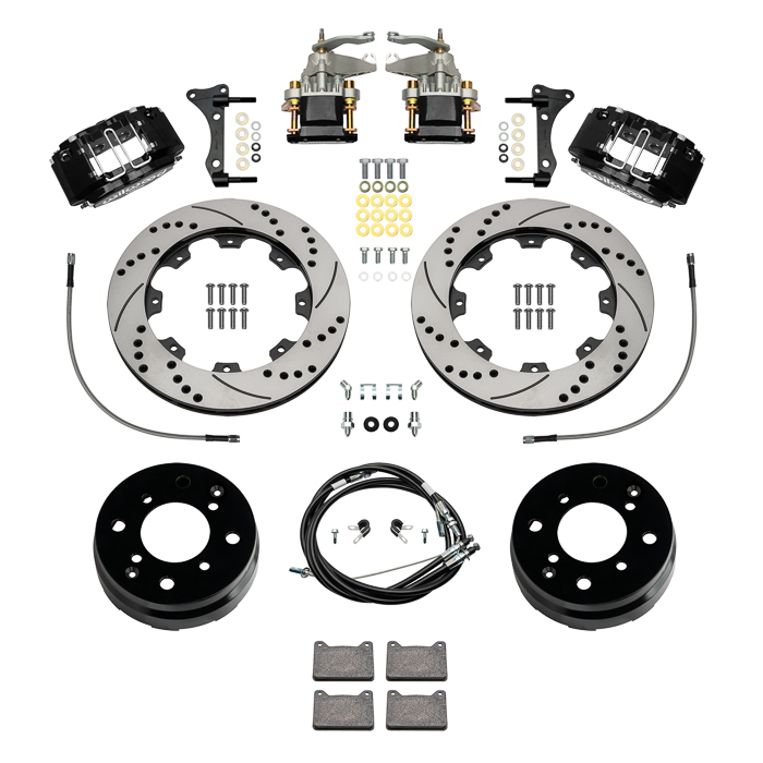 Wilwood Powerlite-MC4 Rear Parking Brake Kit Parts Laid Out - Black Powder Coat Caliper - SRP Drilled & Slotted Rotor