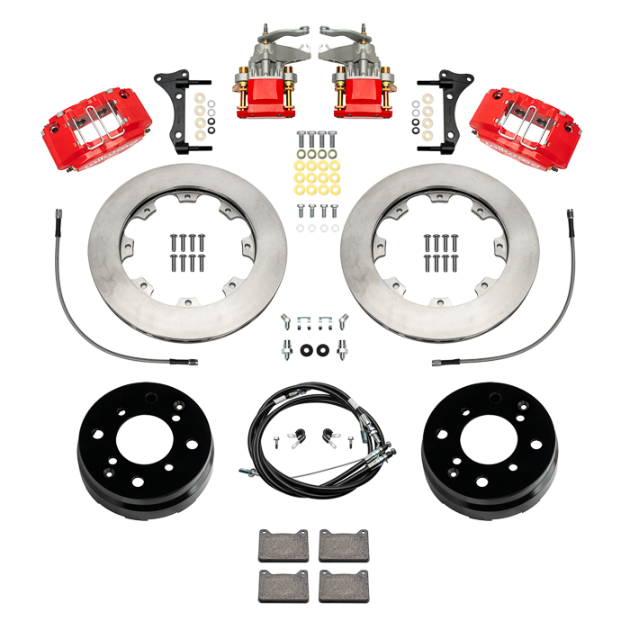 Wilwood Powerlite-MC4 Rear Parking Brake Kit Parts Laid Out - Red Powder Coat Caliper - GT Slotted Rotor