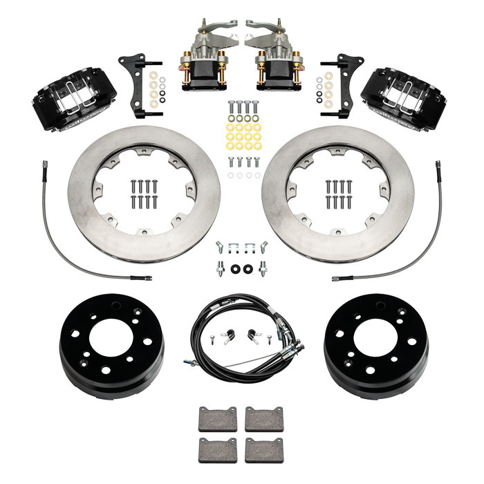 Wilwood Powerlite-MC4 Rear Parking Brake Kit Parts Laid Out - Black Powder Coat Caliper - GT Slotted Rotor