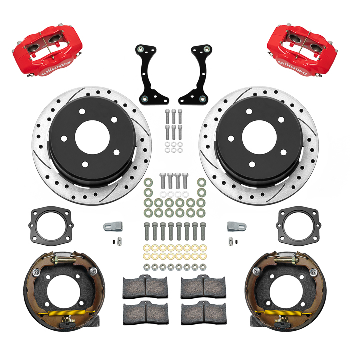 Wilwood Forged Dynalite Rear Parking Brake Kit Parts Laid Out - Red Powder Coat Caliper - SRP Drilled & Slotted Rotor