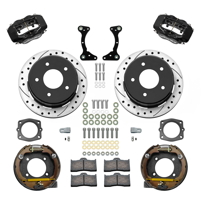 Wilwood Forged Dynalite Rear Parking Brake Kit Parts Laid Out - Black Powder Coat Caliper - SRP Drilled & Slotted Rotor