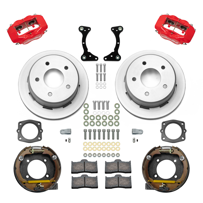 Wilwood Forged Dynalite Rear Parking Brake Kit Parts Laid Out - Red Powder Coat Caliper - Plain Face Rotor