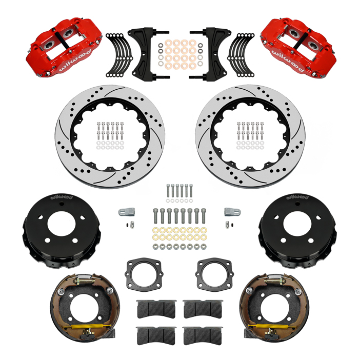 Wilwood Forged Narrow Superlite 4R Big Brake Rear Parking Brake Kit Parts Laid Out - Red Powder Coat Caliper - SRP Drilled & Slotted Rotor