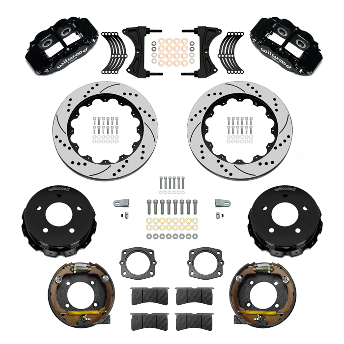 Wilwood Forged Narrow Superlite 4R Big Brake Rear Parking Brake Kit Parts Laid Out - Black Powder Coat Caliper - SRP Drilled & Slotted Rotor