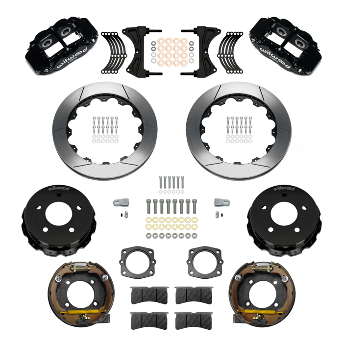 Wilwood Forged Narrow Superlite 4R Big Brake Rear Parking Brake Kit Parts Laid Out - Black Powder Coat Caliper - GT Slotted Rotor