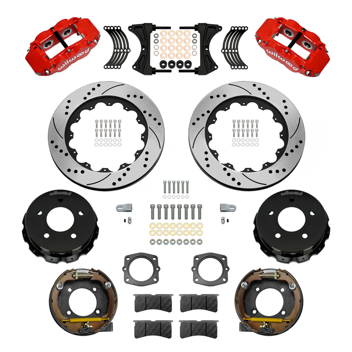 Wilwood Forged Narrow Superlite 4R Big Brake Rear Parking Brake Kit Parts Laid Out - Red Powder Coat Caliper - SRP Drilled & Slotted Rotor