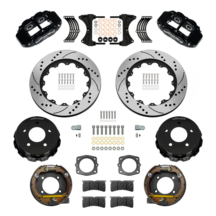 Wilwood Forged Narrow Superlite 4R Big Brake Rear Parking Brake Kit Parts Laid Out - Black Powder Coat Caliper - SRP Drilled & Slotted Rotor