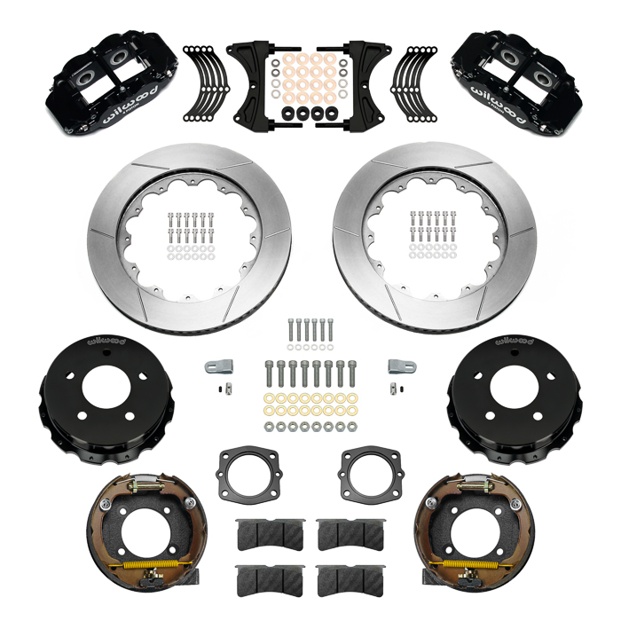 Wilwood Forged Narrow Superlite 4R Big Brake Rear Parking Brake Kit Parts Laid Out - Black Powder Coat Caliper - GT Slotted Rotor