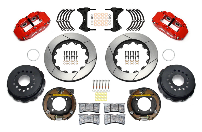 Wilwood Forged Narrow Superlite 4R Big Brake Rear Parking Brake Kit Parts Laid Out - Red Powder Coat Caliper - GT Slotted Rotor