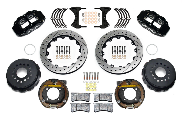 Wilwood Forged Narrow Superlite 4R Big Brake Rear Parking Brake Kit Parts Laid Out - Black Powder Coat Caliper - SRP Drilled & Slotted Rotor