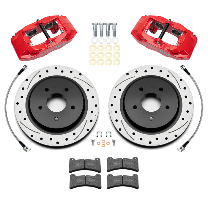 Wilwood DPC56 Rear Replacement Caliper and Rotor Kit Parts Laid Out - Red Powder Coat Caliper - SRP Dimpled & Slotted Rotor