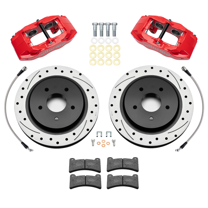 Wilwood DPC56 Rear Replacement Caliper and Rotor Kit Parts Laid Out - Red Powder Coat Caliper - SRP Dimpled & Slotted Rotor