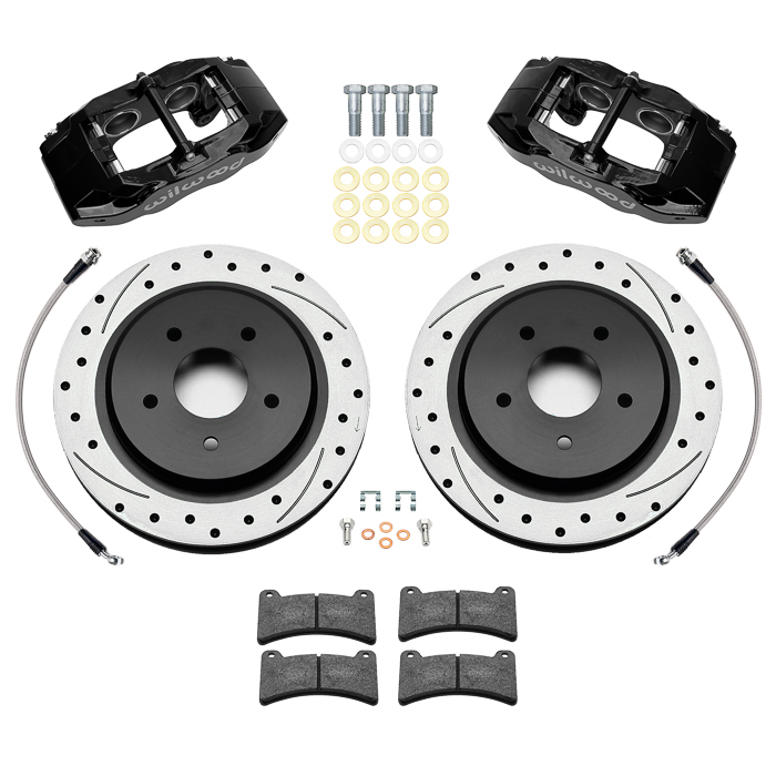 Wilwood DPC56 Rear Replacement Caliper and Rotor Kit Parts Laid Out - Black Powder Coat Caliper - SRP Dimpled & Slotted Rotor