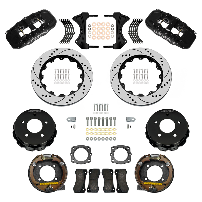 Wilwood AERO4 Big Brake Rear Parking Brake Kit Parts Laid Out - Black Powder Coat Caliper - SRP Drilled & Slotted Rotor