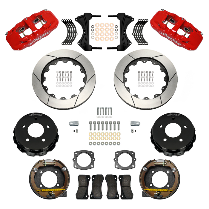 Wilwood AERO4 Big Brake Rear Parking Brake Kit Parts Laid Out - Red Powder Coat Caliper - GT Slotted Rotor