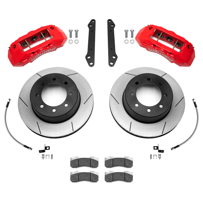 Wilwood TX6-DM Big Brake Truck Rear Brake Kit Parts Laid Out - Red Powder Coat Caliper - GT Slotted Rotor