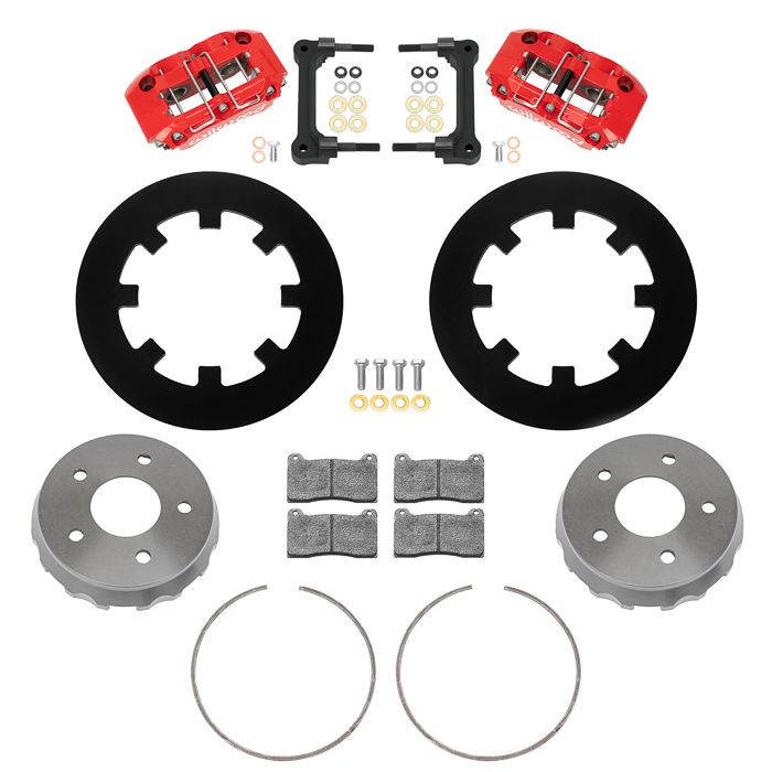 Wilwood NDPR Rear UTV Brake Kit Parts Laid Out - Red Powder Coat Caliper - Plain Face Rotor