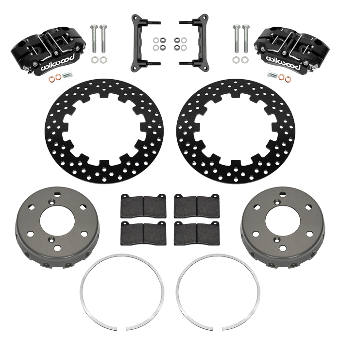 Wilwood NDPR Rear UTV Brake Kit Parts Laid Out - Black Powder Coat Caliper - Drilled Rotor