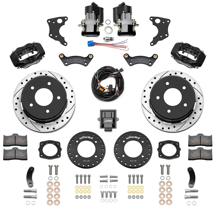 Wilwood Forged Dynalite Rear Electronic Parking Brake Kit Parts Laid Out - Black Powder Coat Caliper - SRP Drilled & Slotted Rotor