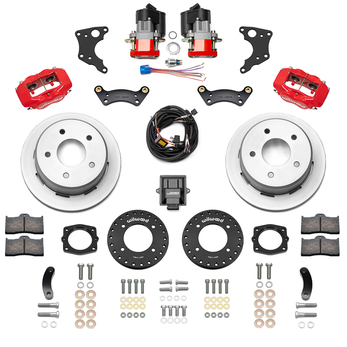 Wilwood Forged Dynalite Rear Electronic Parking Brake Kit Parts Laid Out - Red Powder Coat Caliper