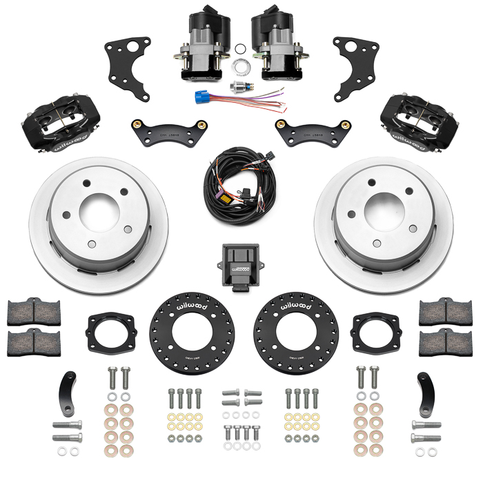 Wilwood Forged Dynalite Rear Electronic Parking Brake Kit Parts Laid Out - Black Powder Coat Caliper - Plain Face Rotor
