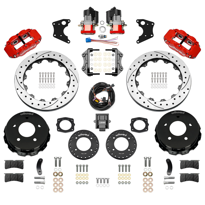 Wilwood Forged Narrow Superlite 4R Big Brake Rear Electronic Parking Brake Kit Parts Laid Out - Red Powder Coat Caliper - SRP Drilled & Slotted Rotor