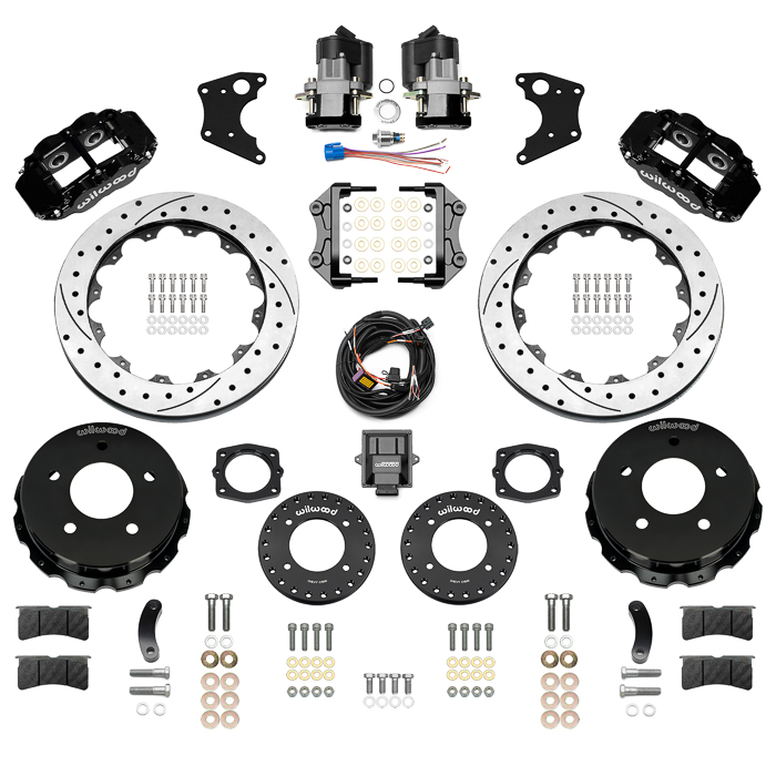 Wilwood Forged Narrow Superlite 4R Big Brake Rear Electronic Parking Brake Kit Parts Laid Out - Black Powder Coat Caliper - SRP Drilled & Slotted Rotor