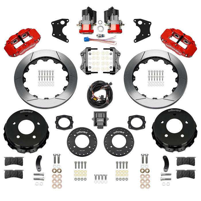 Wilwood Forged Narrow Superlite 4R Big Brake Rear Electronic Parking Brake Kit Parts Laid Out - Red Powder Coat Caliper - GT Slotted Rotor