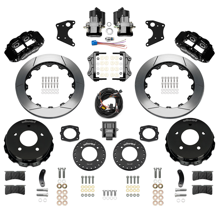 Wilwood Forged Narrow Superlite 4R Big Brake Rear Electronic Parking Brake Kit Parts Laid Out - Black Powder Coat Caliper - GT Slotted Rotor