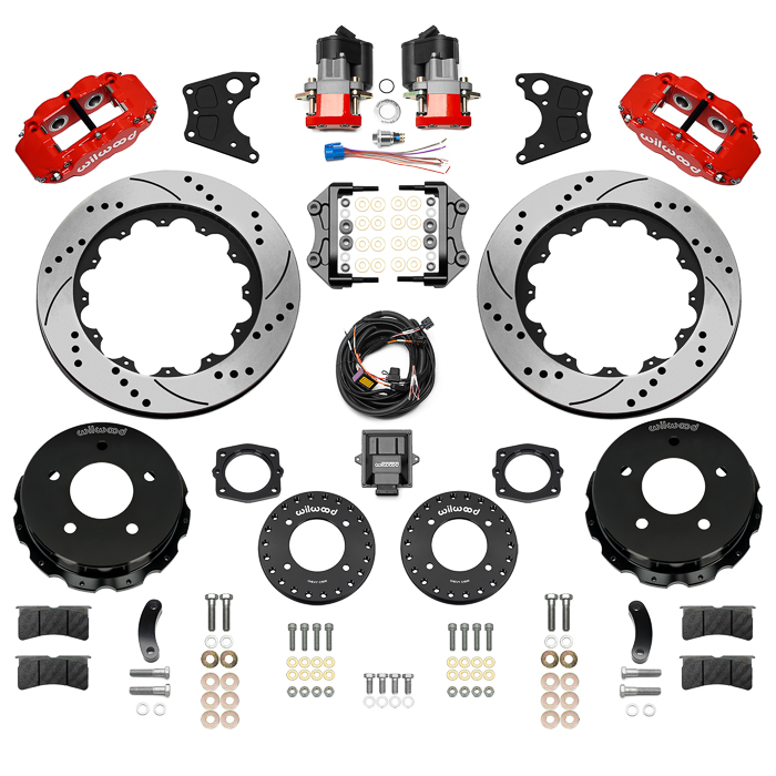 Wilwood Forged Narrow Superlite 4R Big Brake Rear Electronic Parking Brake Kit Parts Laid Out - Red Powder Coat Caliper - SRP Drilled & Slotted Rotor