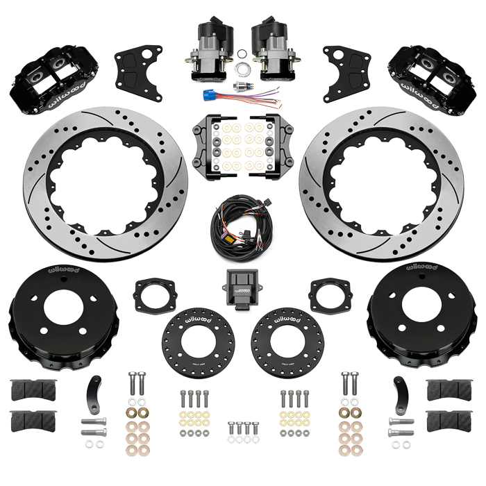 Wilwood Forged Narrow Superlite 4R Big Brake Rear Electronic Parking Brake Kit Parts Laid Out - Black Powder Coat Caliper - SRP Drilled & Slotted Rotor
