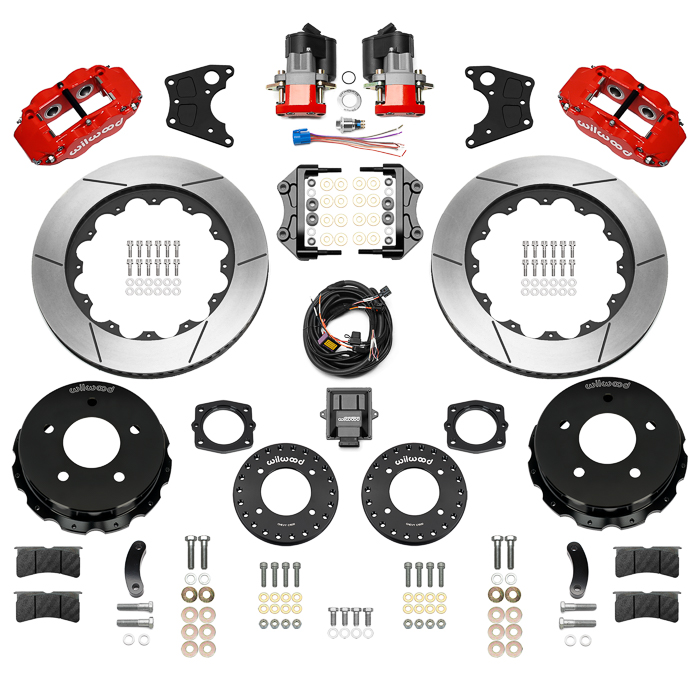 Wilwood Forged Narrow Superlite 4R Big Brake Rear Electronic Parking Brake Kit Parts Laid Out - Red Powder Coat Caliper - GT Slotted Rotor