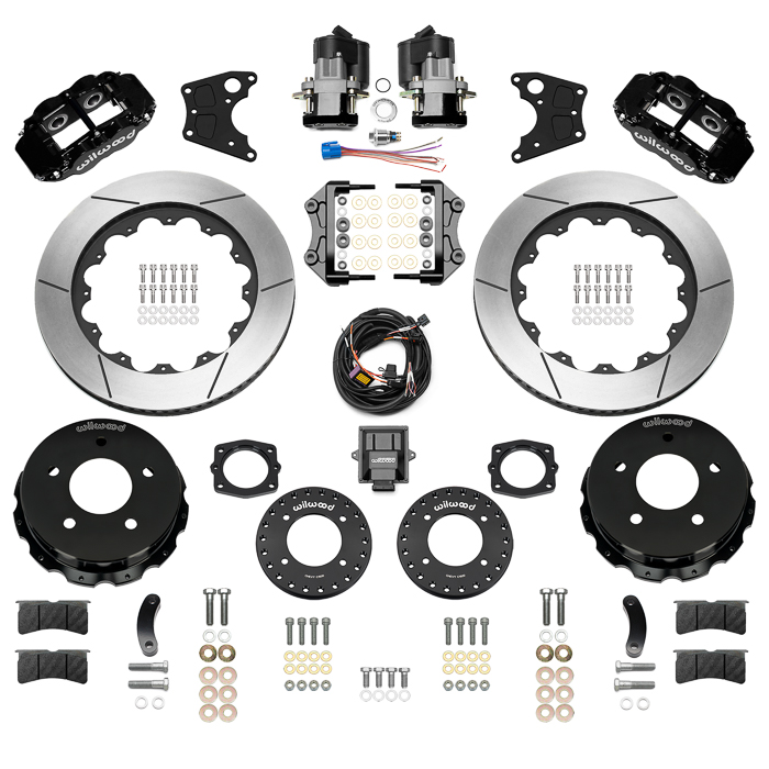 Wilwood Forged Narrow Superlite 4R Big Brake Rear Electronic Parking Brake Kit Parts Laid Out - Black Powder Coat Caliper - GT Slotted Rotor