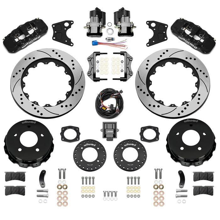 Wilwood AERO4 Big Brake Rear Electronic Parking Brake Kit Parts Laid Out - Black Powder Coat Caliper - SRP Drilled & Slotted Rotor