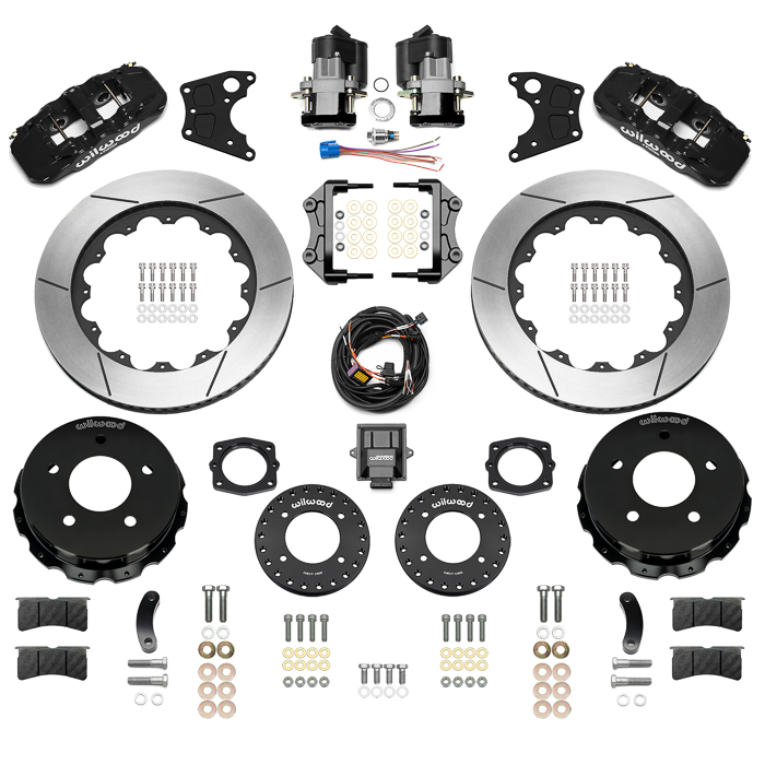 Wilwood AERO4 Big Brake Rear Electronic Parking Brake Kit Parts Laid Out - Black Powder Coat Caliper - GT Slotted Rotor