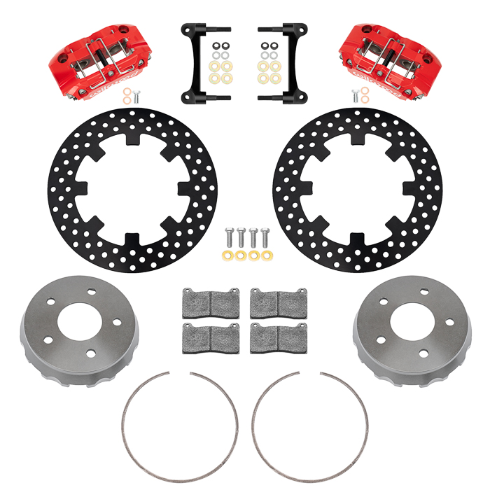 Wilwood NDPR Rear UTV Brake Kit Parts Laid Out - Red Powder Coat Caliper - Drilled Rotor