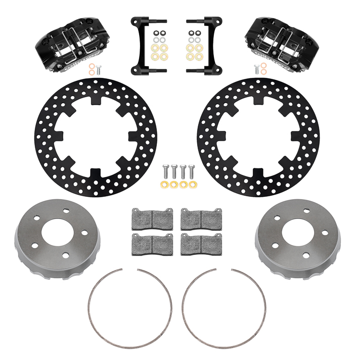 Wilwood NDPR Rear UTV Brake Kit Parts Laid Out - Black Powder Coat Caliper - Drilled Rotor