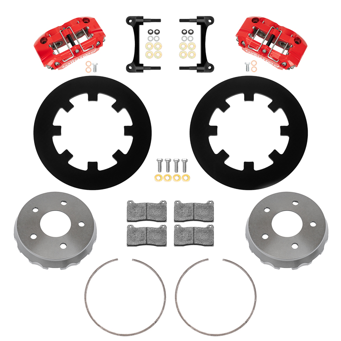 Wilwood NDPR Rear UTV Brake Kit Parts Laid Out - Red Powder Coat Caliper - Plain Face Rotor